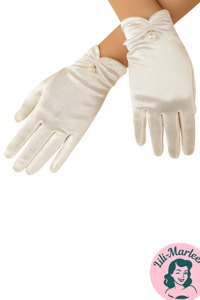 Korte vintageinspireret hvide satin handsker med perler, hvid