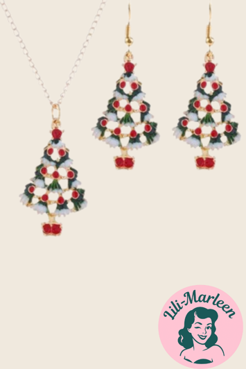 Julesmykkesæt: Halskæde med juletræ og øreringe med juletræer