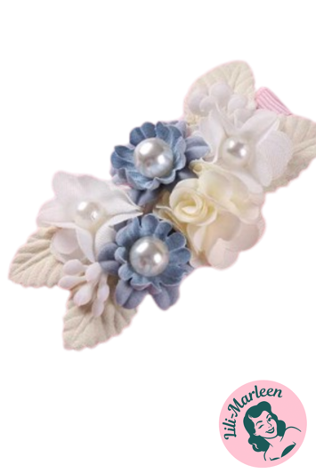Hårklips med blomster/roser/perler - blå, ivory (M10)