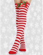 Knæsokker - Juleknæstrømper hvide/røde striber med rød/grøn sløjfe 