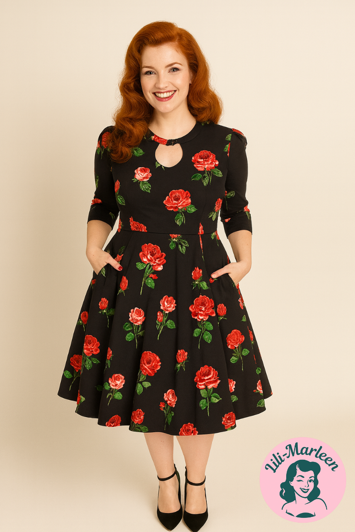 Miss Rosamunde – Sort 50’er Swingkjole med Røde Roser