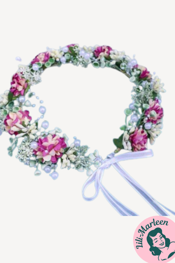  DELUXE BLOMSTERKRANS med væld af små blommefarvet, hvide & creme blomster/Perler