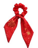 Elastik med satinbånd/SCRUNCHIE; rød med guld julemotiver