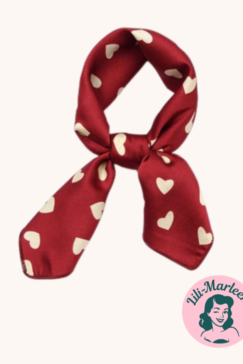 Satin tørklæde til håret eller hals mørkerødt med hjerter