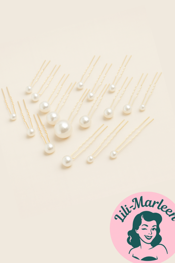 Hårnåle med perler flere størrelser, guld 16 stk.