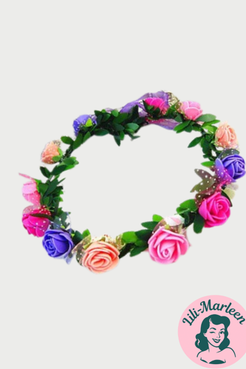 Blomsterkrans med roser, pink, peach og lilla 