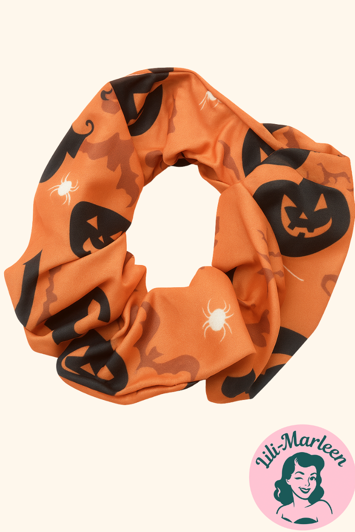 Scrunchi - Halloween - orange med sort græskar