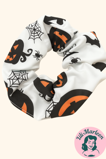 Scrunchi - Halloween - hvid med sort græskar/spindelvæv
