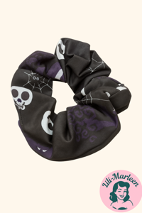 Scrunchi - Halloween - sort med hvid skelet og spindelvæv
