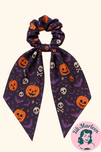 Scrunchi med tørklæde - Halloween - orange med skelet, spindelvæv og stjerner