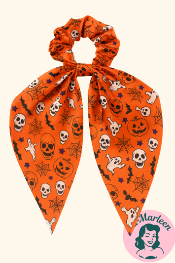 Scrunchi med tørklæde - Halloween - orange med skelet, spindelvæv og stjerner