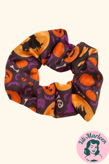 Scrunchi - Halloween - orange med skelet, spindelvæv og stjerner