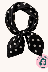 Satin-tørklæde i sort med hvide polkaprikker – eksklusiv retroelegance
