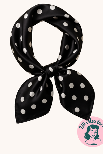 Satin-tørklæde i sort med hvide polkaprikker – eksklusiv retroelegance