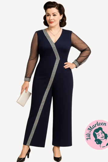 Buksedragt navy med sølv kant og chiffon ærmer 