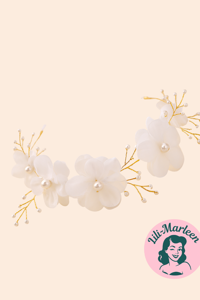 Blomsterkrans med hvide blomster og perler, guld