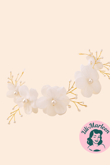 Blomsterkrans med hvide blomster og perler, guld