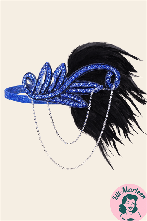 Blue Feather Glam – 1920’er Hårbånd med Fjer og Perlekæder