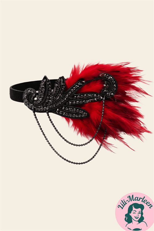 Red Feather Noir – 1920’er Hårbånd med Fjer og Perlekæder