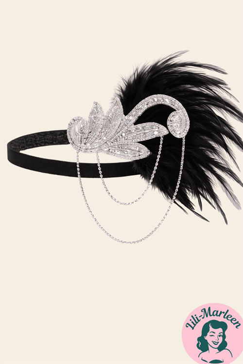 Red Feather Noir – 1920’er Hårbånd med Fjer og Perlekæder
