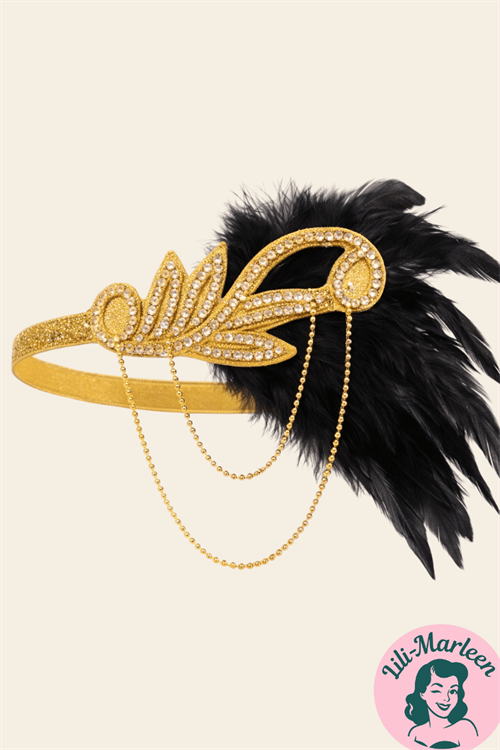 Golden Feather Royale – 1920’er Hårbånd med Fjer, Sten og Kæder