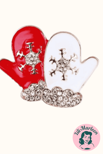 Broche - to små vanter i rød/hvid med sten - en sød broche 