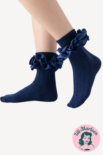 Ankelsokker med satinkant – Blå ruffle-perfektion