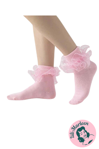 Ankelsokker med satinkant – lyserød ruffle-perfektion