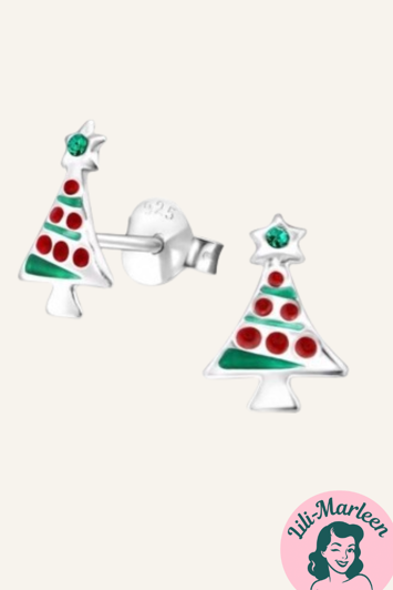 Juleøreringe 925 sølv; Søde små juletræer med glitrende grøn zirconia