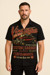 Hotrod Rebel – Kortærmet Herreskjorte med Vintage Garage & Custom Car Print