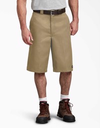 Løs pasform flad front arbejdsshorts, 13" , Militær Khaki