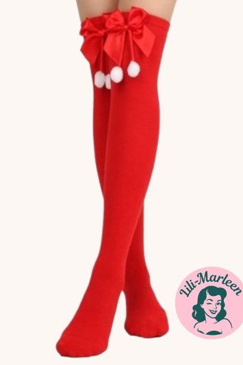 Knæsokker - Knæsokker - juleknæstrømper - rød med hvide kvaster