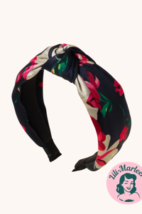 Bred hårbøjle med knude;  navyblå med blomster 