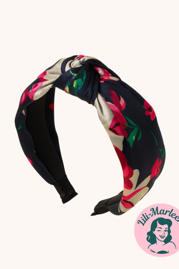 Bred hårbøjle med knude;  navyblå med blomster 