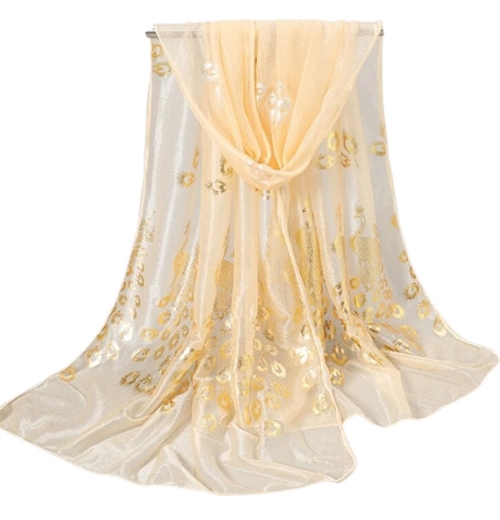 Chiffon Sjal, creme med guld blade og påfugle