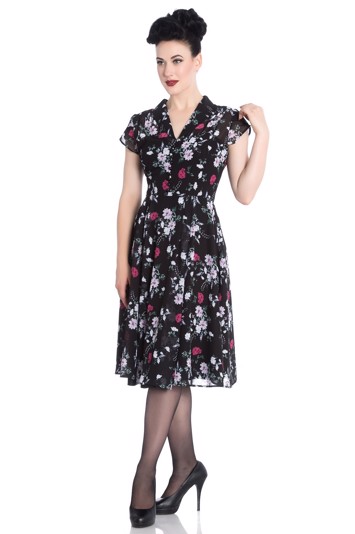 50´er kjole: Belleville, smuk sort kjole med et væld af roser og blomsterflora