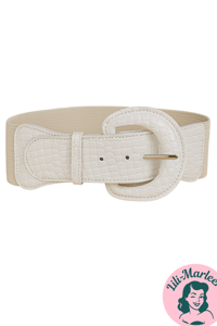 Bredt elastisk lakbælte, hvidt bælte med krokodille print