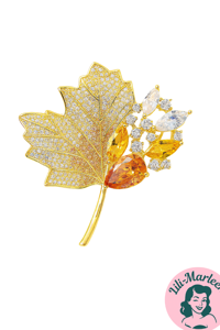 Broche – "Golden Autumn Leaf" Gyldent Efterårsblad med Krystaller