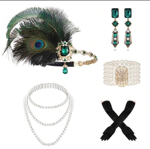 1920´er Gatsby/Charleston accessories/tilbehørssæt, fasan/grøn- deluxe - 5 dele