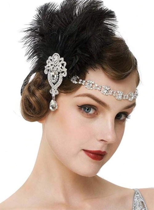 1920´er Gatsby/Charleston deluxe hårbånd med fjer og sten, ivory/creme - deluxe