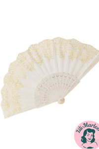 Vifte, stor: Sød blonde vifte i hvid med guld mønster