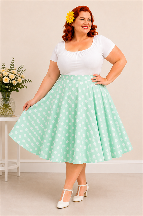 Polka Dot Mint Vintage Swingnederdel i Mint med Hvide Polkaprikker