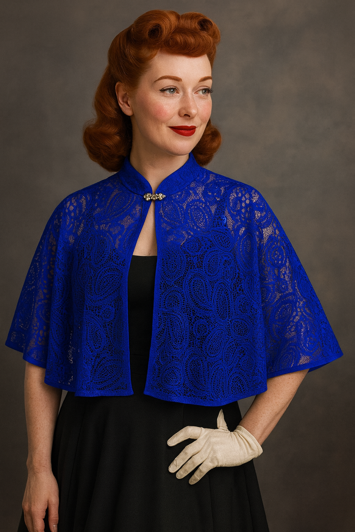 Bolero/cardigan - blondeslag med lille diamant lukning - kongeblå