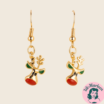 Juleøreringe - Hængeøreringe med Rudolf med den røde tud, guld