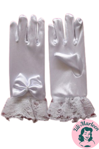 Børnefest handsker med blonder og sløjfe, hvide 
