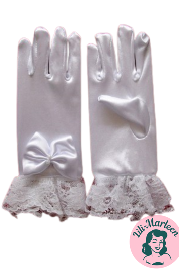 Børnefest handsker med blonder og sløjfe, hvide 