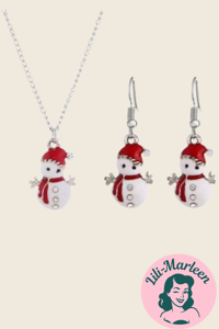 Julesmykkesæt: Halskæde og øreringe med snemænd, rød