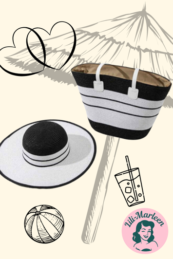 Miss Rosemarie Stråhat og Strandtaske i Sort & Hvid