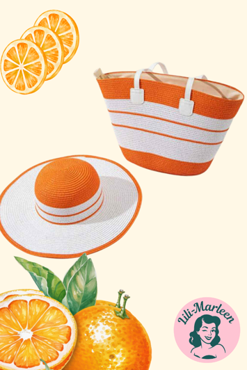 Miss Rosemarie – Stråhat og Strandtaske i Orange & Hvid