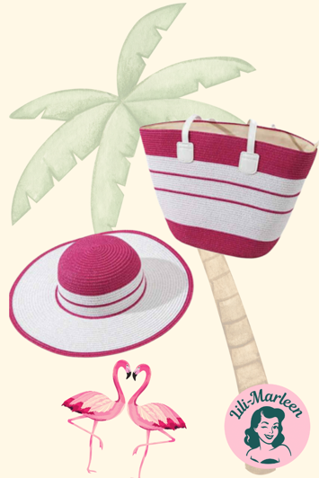 Miss Rosemarie – Stråhat og Strandtaske i Pink & Hvid